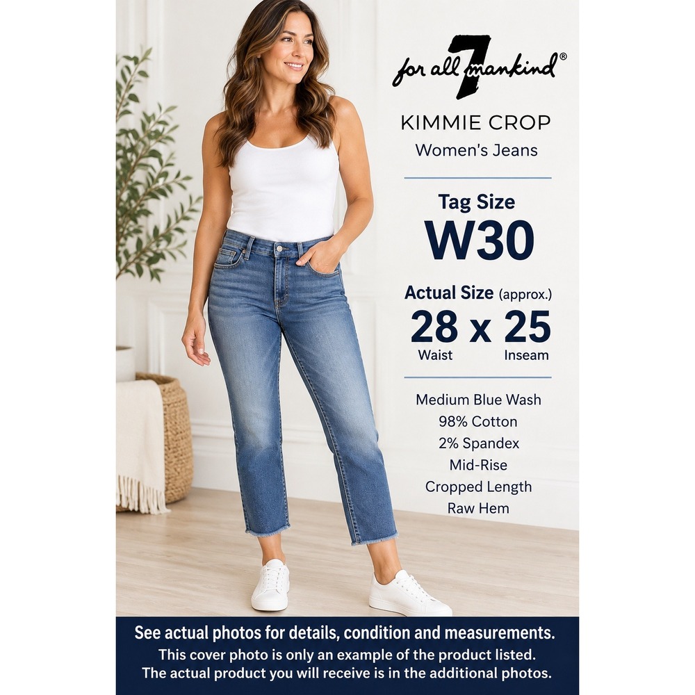 7 For All Mankind Kimmie Crop Jeans 30 Blue Raw Hem Mid Rise Stretch #1741